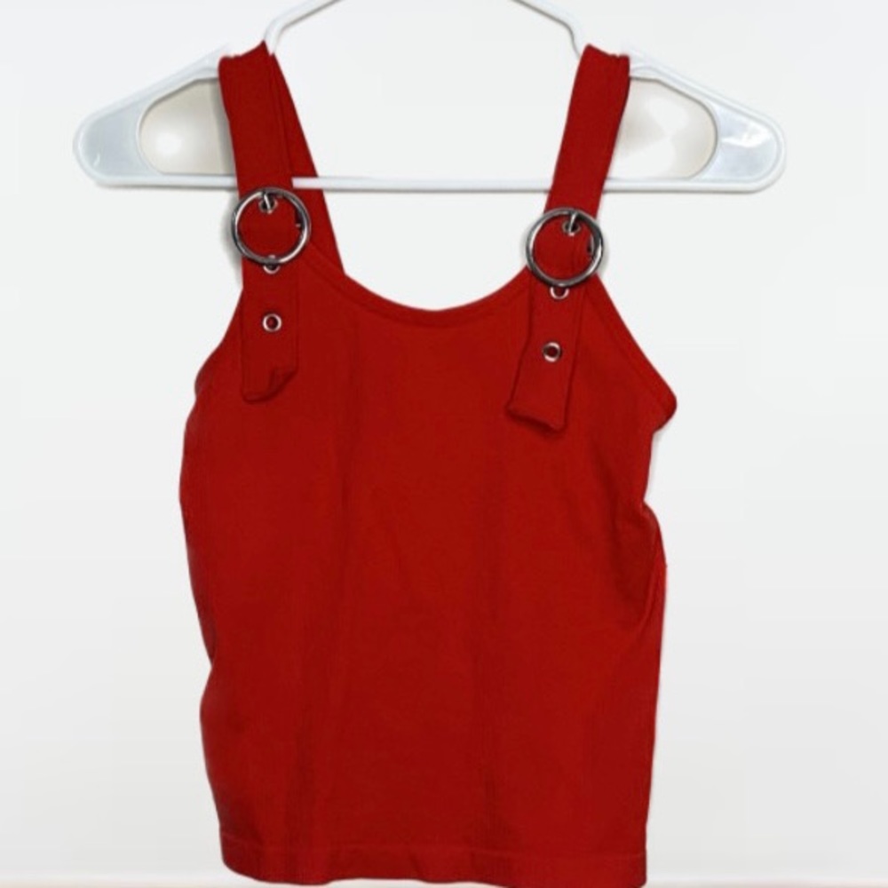 Red knit square neck buckle tank top